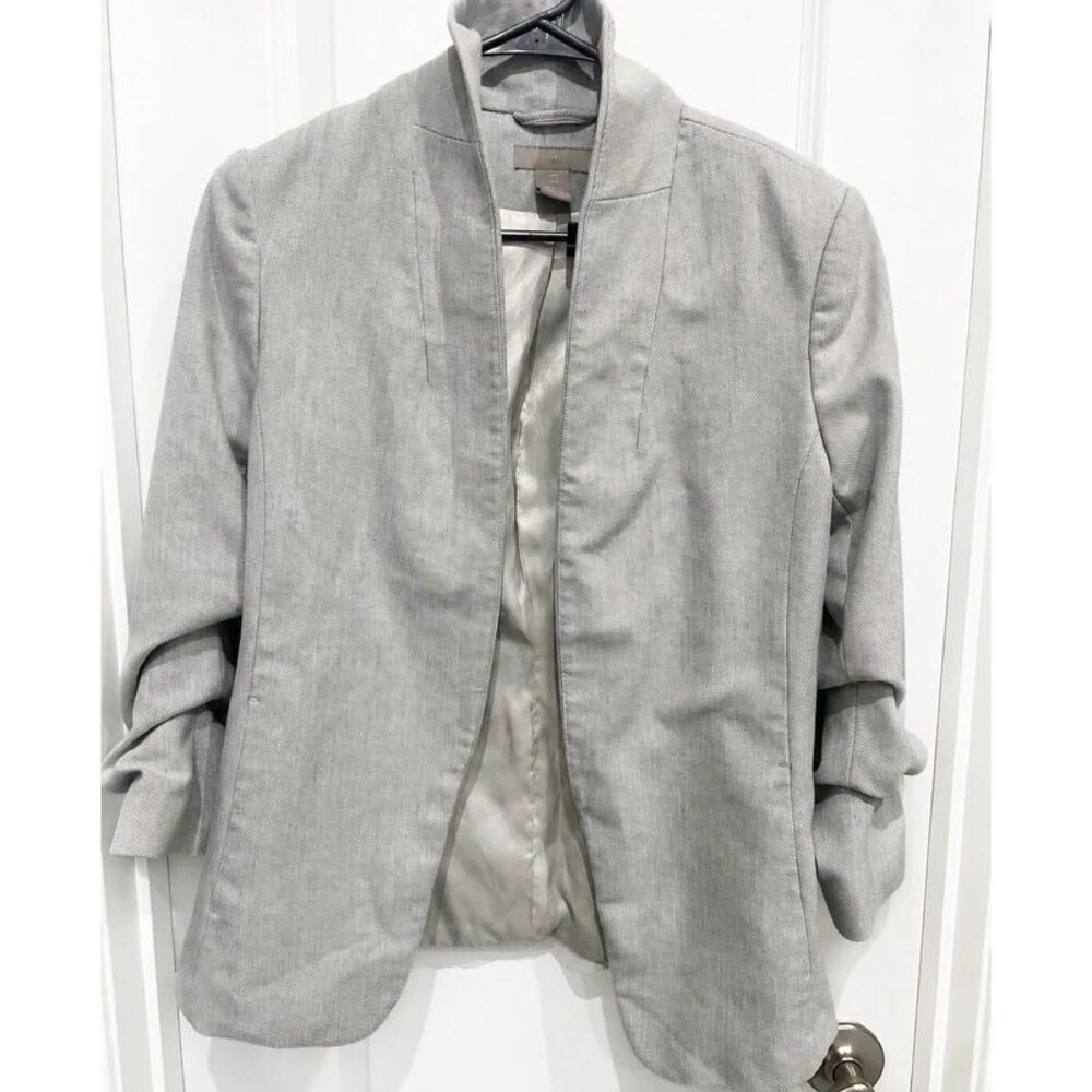 H&M Light Gray Ruched Sleeve Open Front Blazer Size 8